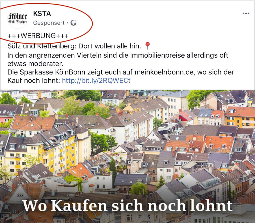 Screenshot Facebook: Kölner Stadtanzeiger kennzeichnet bezahlten Artikel als das, was es ist: Werbung